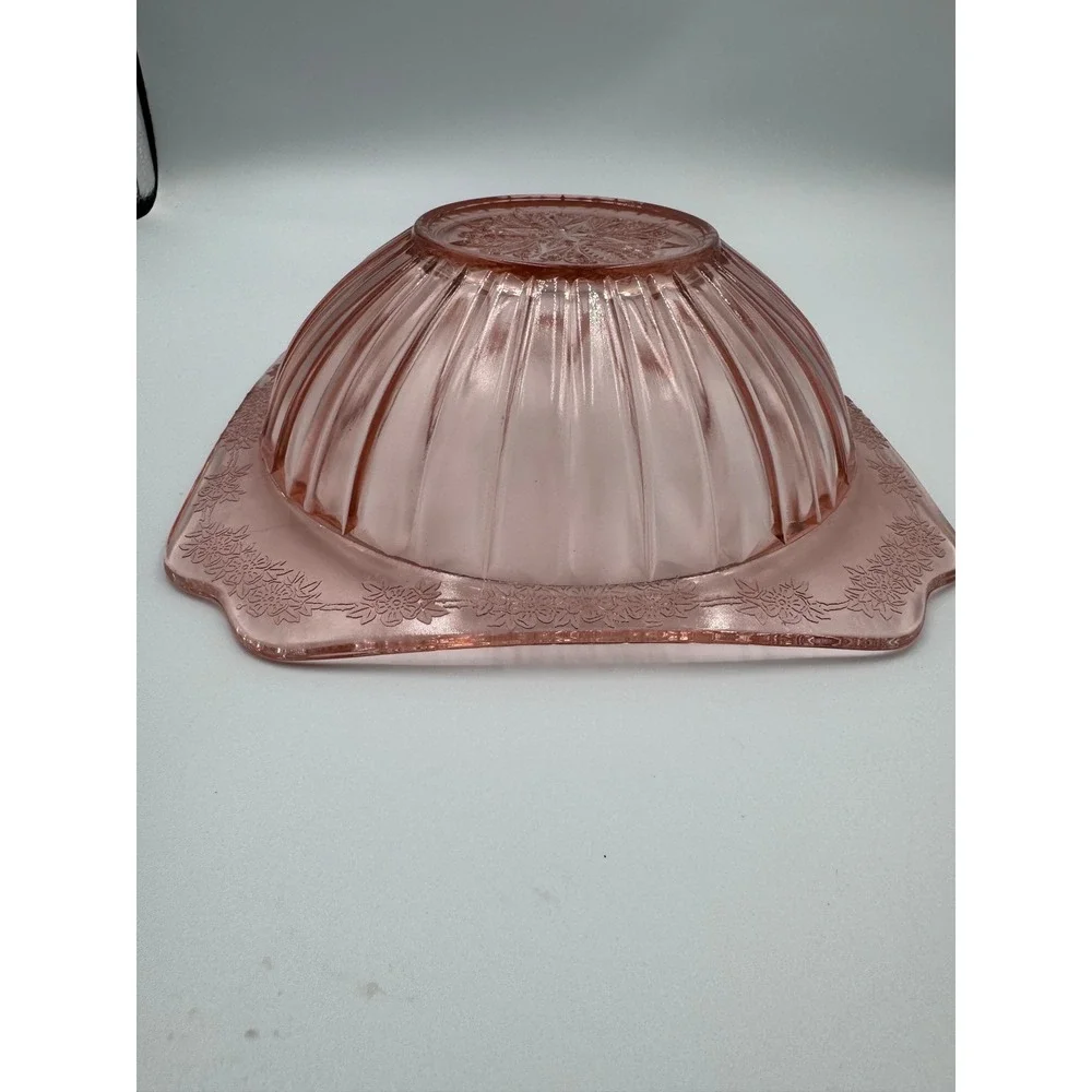 Jeannette Glass Adam Pink Depression Glass Square Scalloped‎ Ribbed Floral Bowl